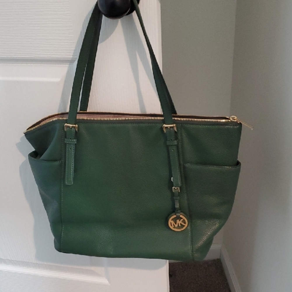 Michael Kors Dark Green Pebbled Leather Tote with Gold Hardware